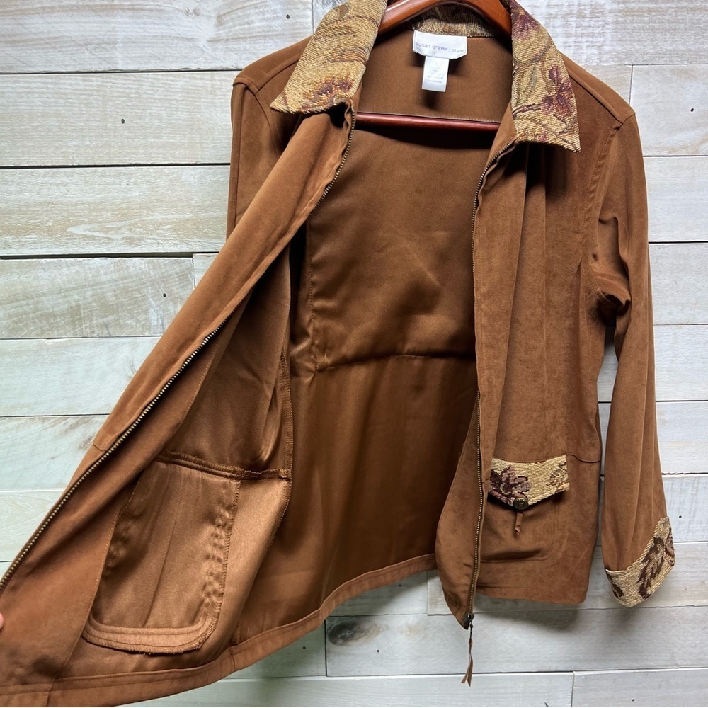 Susan Graver Floral Tapestry Jacket Medium Western Cowgirl Fringe Brown - Picture 6 of 13